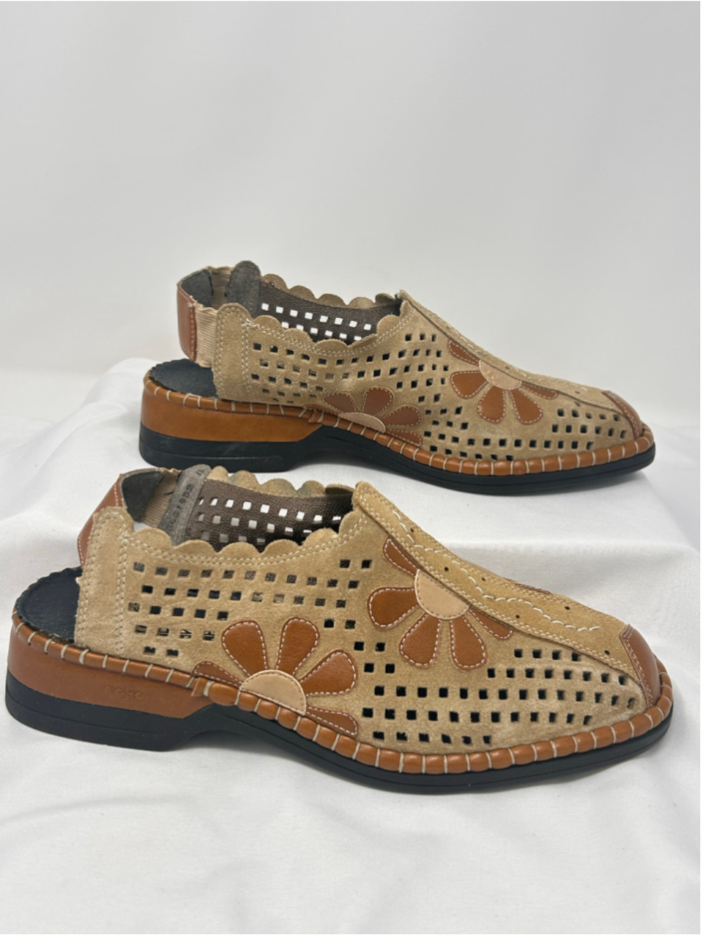 Rieker Diana Sand Suede Floral Laser Cut Slingback Shoes EU 41